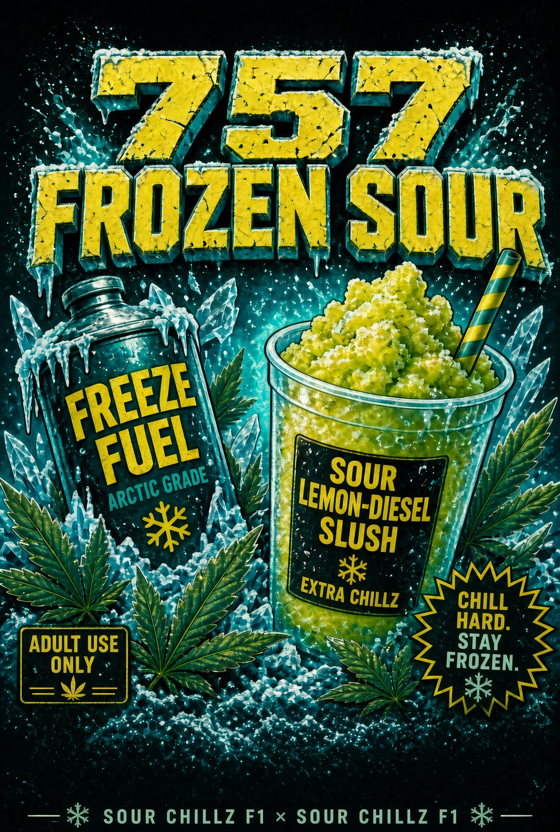 757 Frozen Sour cover art by Genetics 101, Sour Chillz F1 crossed with Sour Chillz F1