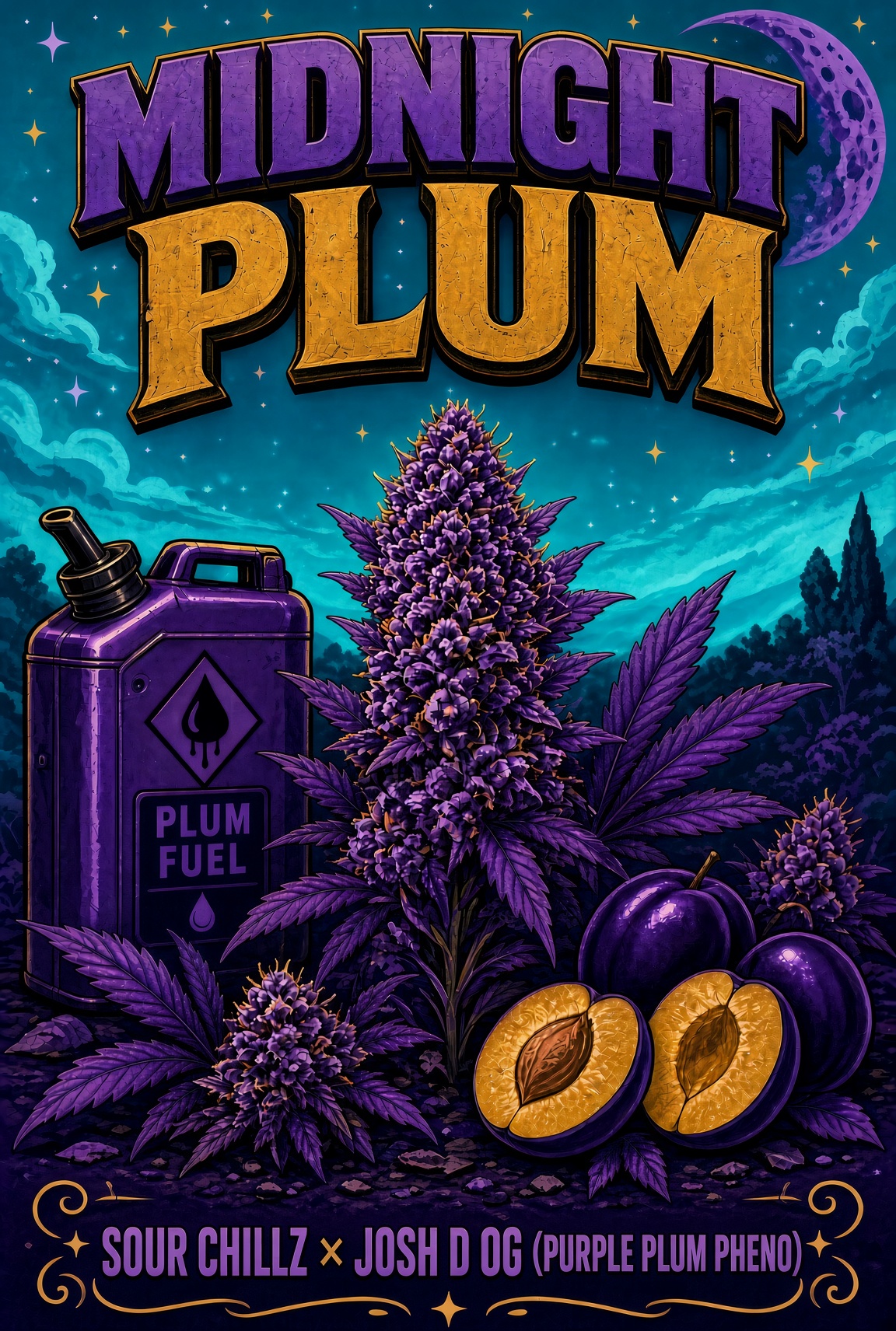 Midnight Plum cover art by Genetics 101, Sour Chillz crossed with Josh D OG purple plum pheno